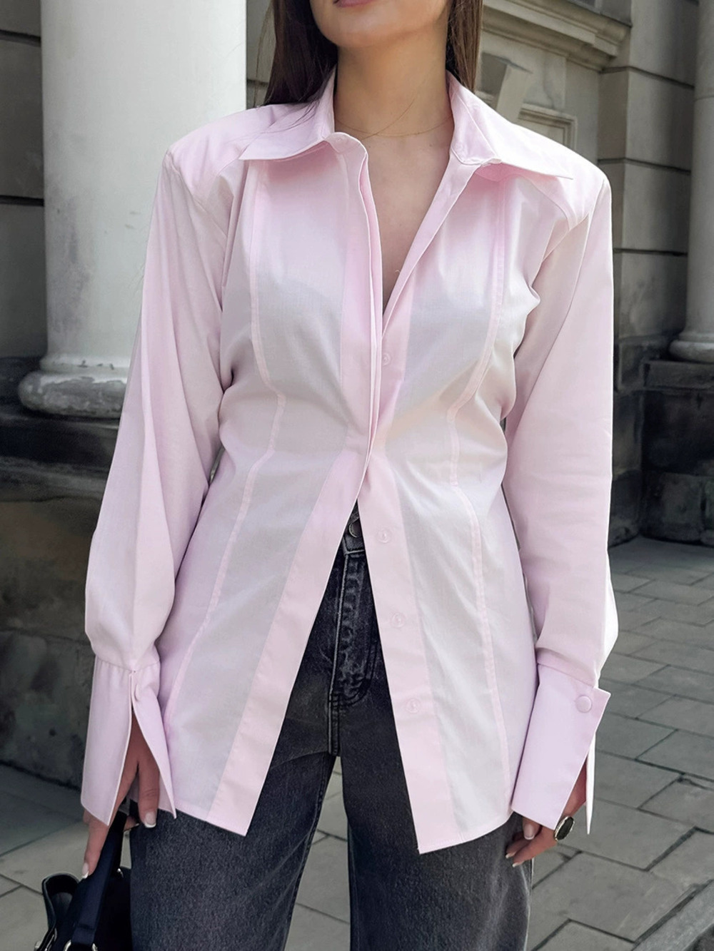 Forever 21 Pink Patchwork Slit Waist Long Sleeve Blouse Office